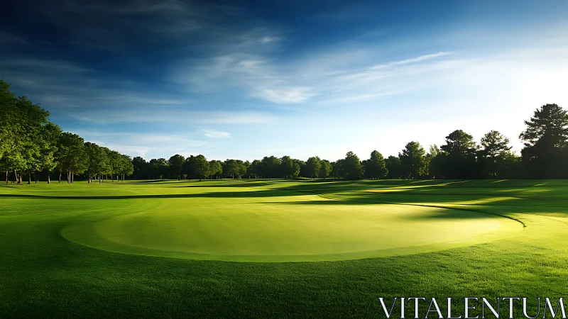 Golf green and fairway under clear sky in late daylight