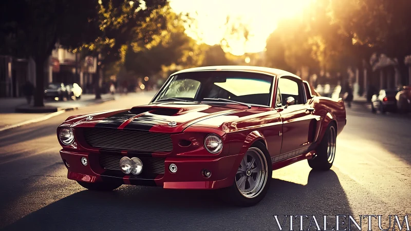 Sunset prowl of a crimson muscle legend on quiet streets.