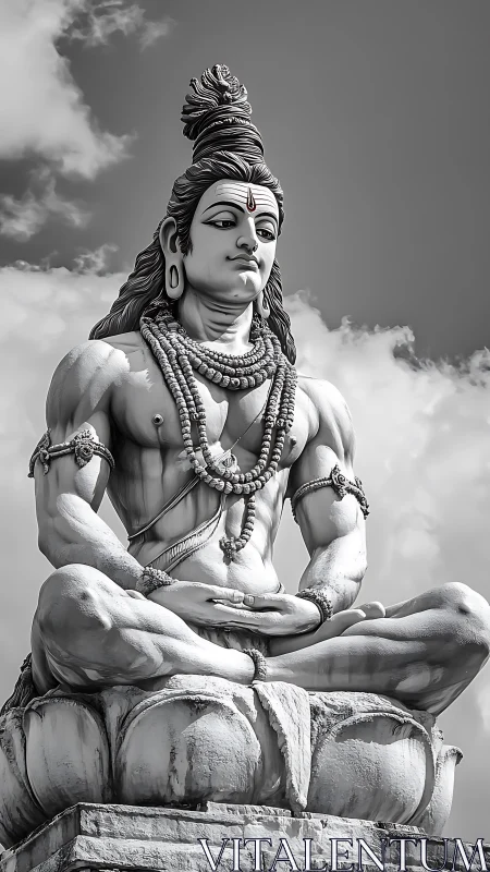 Serene stone yogi seated in the clouds’ quiet embrace.