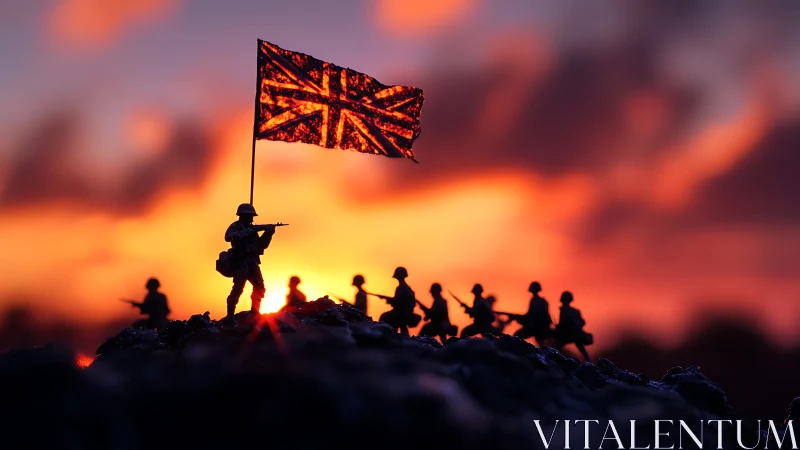 Toy soldiers advance under glowing Union Jack sunset sky.