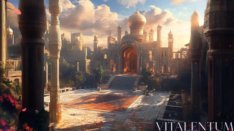 Golden palace courtyard glows beneath a dramatic sunset sky