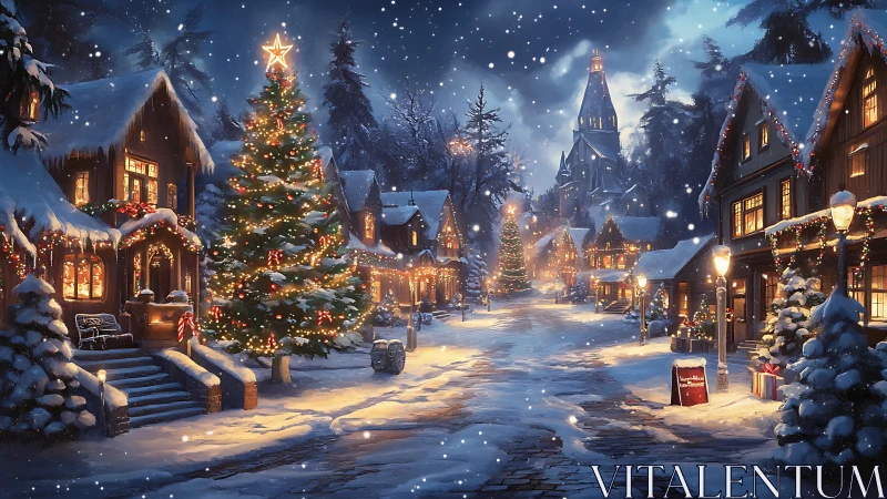 Snow-kissed Christmas village glowing with storybook magic.