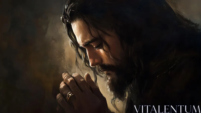 Soft lamplight cradles a weary man in wordless prayer