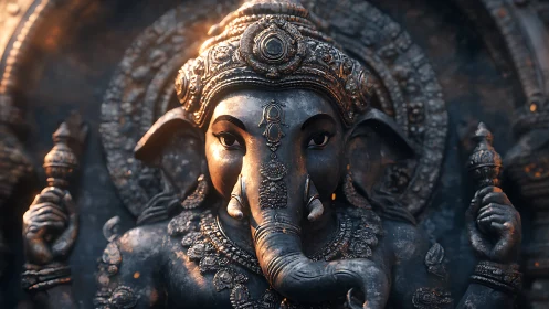 Gentle stone deity in glowing dusk light, rich with detail.