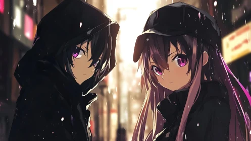 Anime street duo in rain with cinematic backlight rendering.