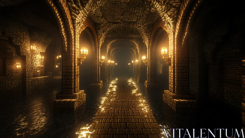 Illuminated Gothic Corridor with Arched Vaults