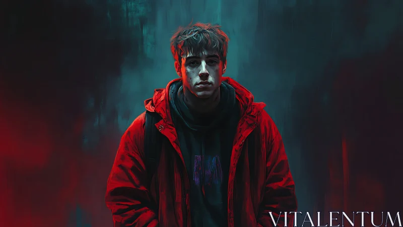Brooding youth in crimson coat amid teal urban haze.