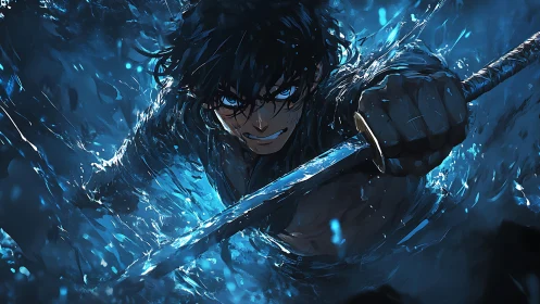 Kinetic blue-lit swordsman lunging through turbulent liquid field.