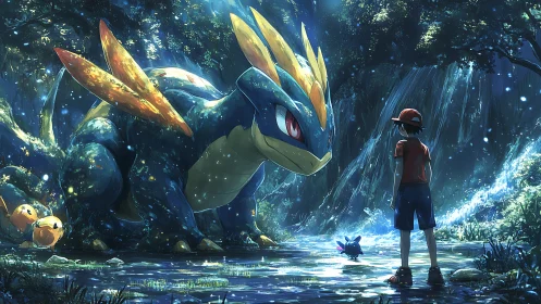 Trainer faces large blue dragon creature in glowing forest