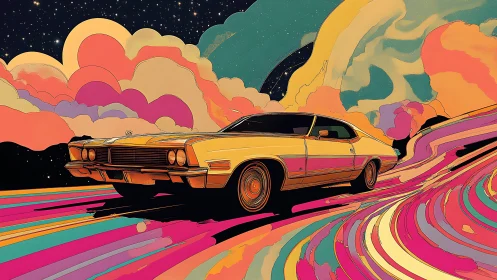 Retro muscle car surfing neon cosmic rainbow highways.