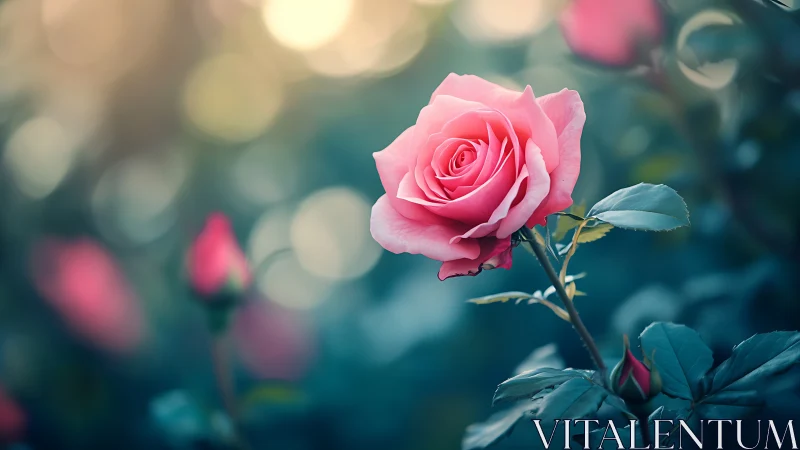 Pink rose in soft focus garden setting with bokeh.