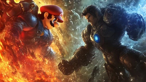 Armored heroes clash in fiery versus icy power duel.