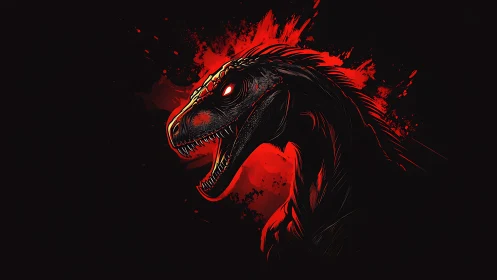 Raging dinosaur head erupts from red splatter on black
