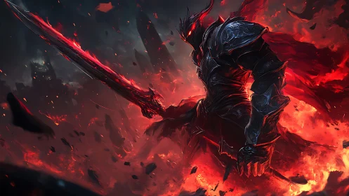 Infernal greatsword warlord in obsidian armor amid eruption