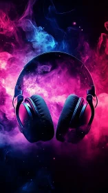 Glowing studio headphones hang within vibrant neon smoke