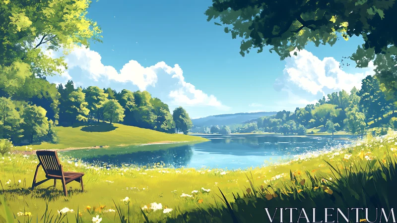 Lakeside meadow landscape with chair under bright sky.