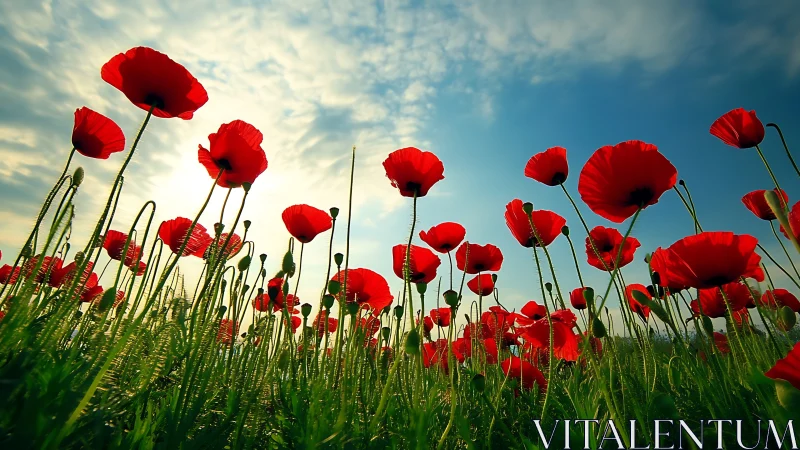 Field of Scarlet Poppies Against Luminous Sky.