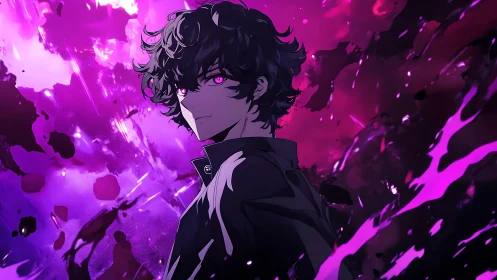 Curly haired figure with violet eyes in abstract aura field.