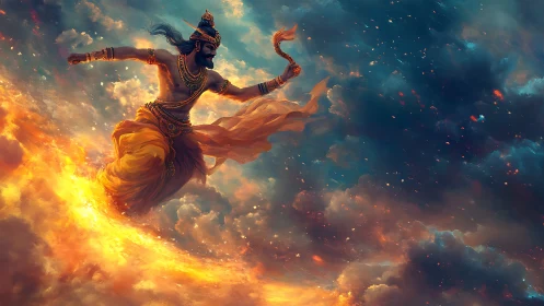 Fire dancer across stormlit sky of myth and wonder.