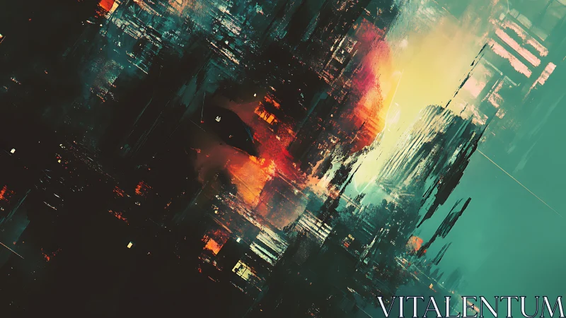 Neon cityscape shards collide with glowing digital horizon.