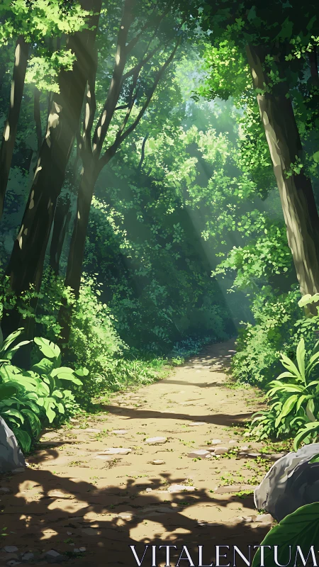 Sunlit forest canopy opens along winding woodland path.