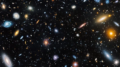 Dense field of distant multicolored galaxies in space.