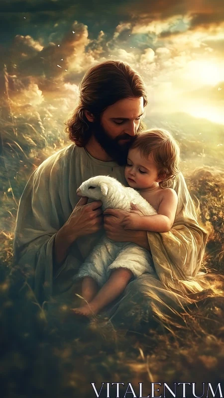 Sacred pastoral embrace in golden-hour light with symbolic lamb