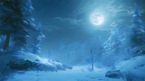 Moonlit winter valley wrapped in quiet blue enchantment.