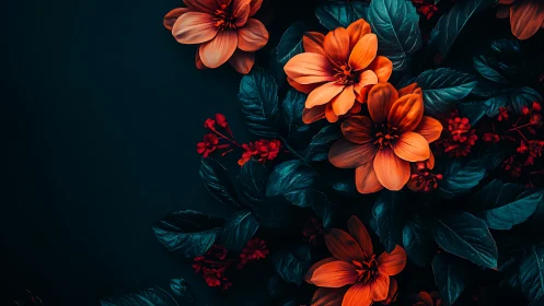 Orange flowers with dark teal foliage against black background.