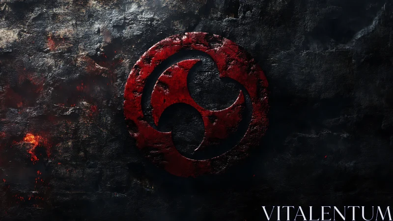 Red triskelion emblem on dark textured metallic surface.