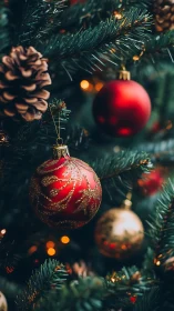Red glass ornament hangs on lush Christmas tree branches