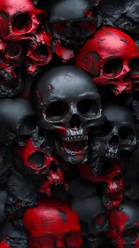 Red and black skull wall forms a dark, ominous spectacle