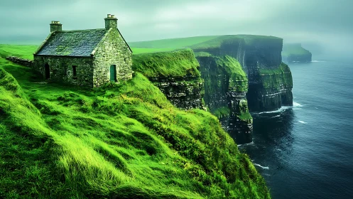 Clifftop Stone Cottage with Prismatic Atmospheric Rendering and Coastal Topography
