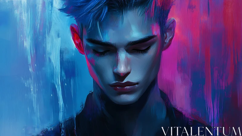 Digital portrait of young person in blue and magenta light.