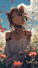 Young woman in field with orange butterflies under sky.