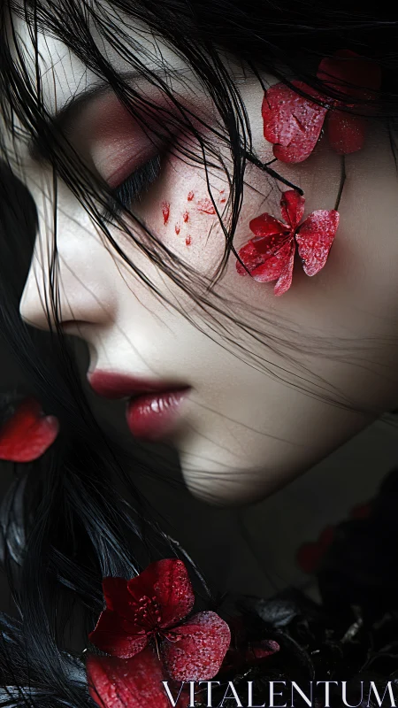 Photorealistic profile of woman with wet red petals adhered.