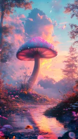 Giant bioluminescent mushroom rises over reflective stream