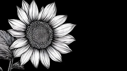 Monochrome botanical engraving of sunflower head on black ground