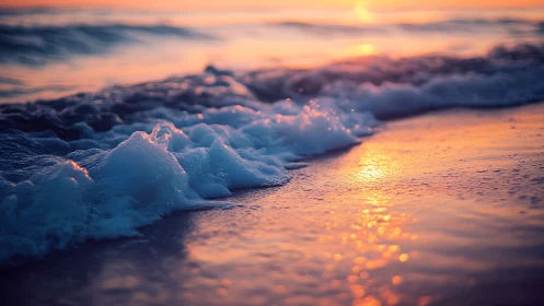 Close wave on beach under warm orange sunset light.