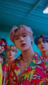 Group portrait of young men in patterned shirts indoors.