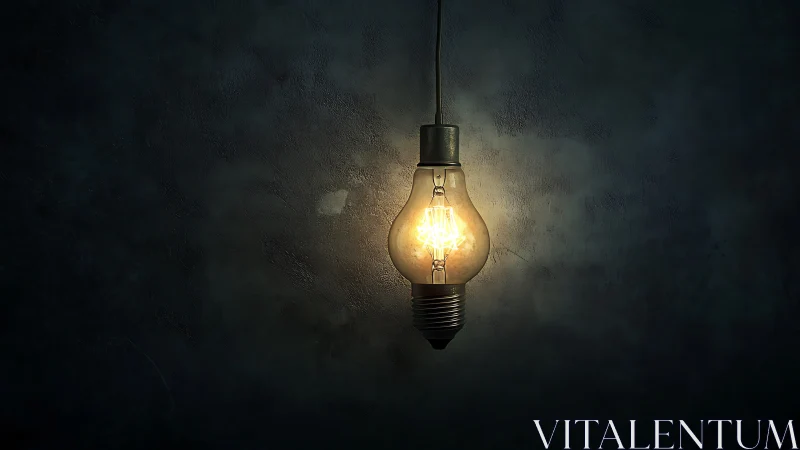 Single glowing lightbulb against dark textured wall.