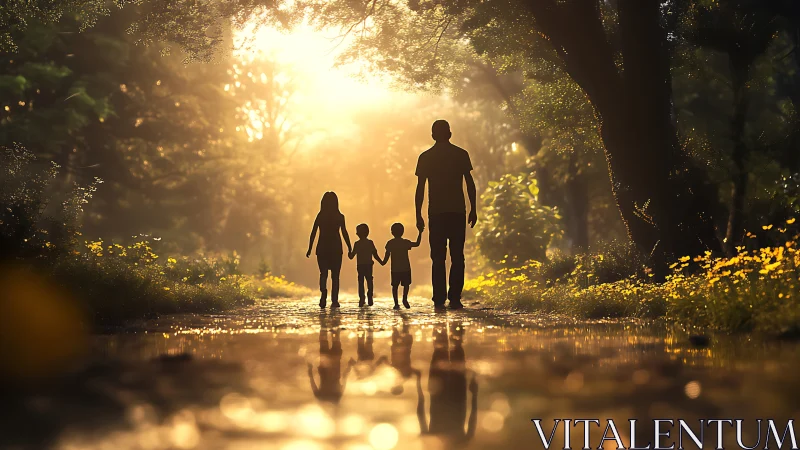 Family walking along illuminated forest path.