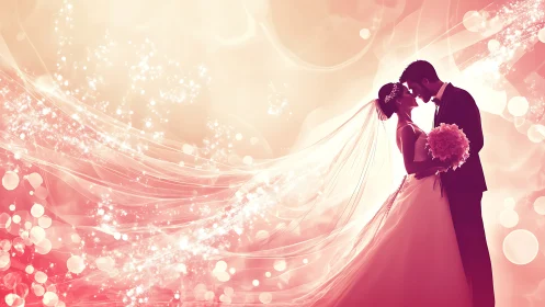 Romantic bridal couple in glowing pink bokeh dreamscape.