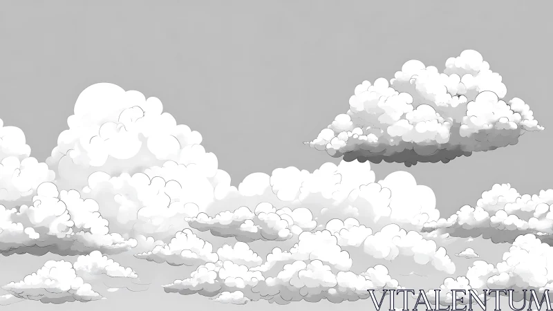 Layered cartoon clouds drift across a calm gray sky.