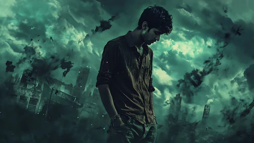 Solitary figure in teal-tinted apocalyptic stormscape.