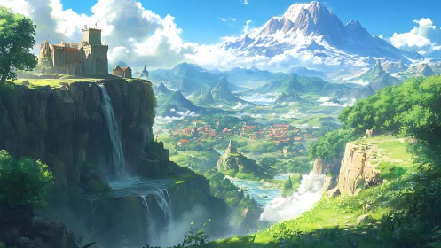 Fantasy highland kingdom beside waterfalls and snowy peak.