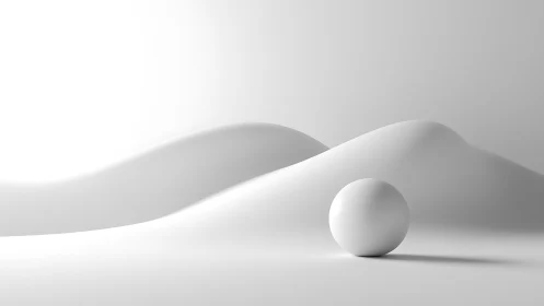 Minimalist white sphere resting before soft abstract dunes.