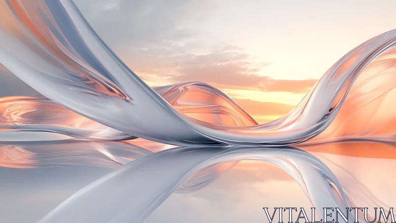 Translucent glass waves curve over reflective sunrise horizon