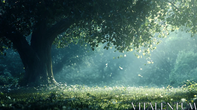 Luminous Forest Sanctuary with Ancient Oak and Ethereal Atmosphere.