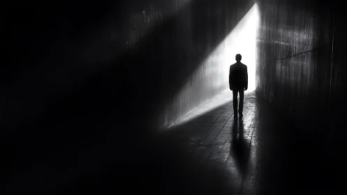 Silhouette of solitary figure in dark corridor toward light.